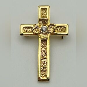 Gold Tone Textured Cross Brooch with Flower and Clear Crystal Accent